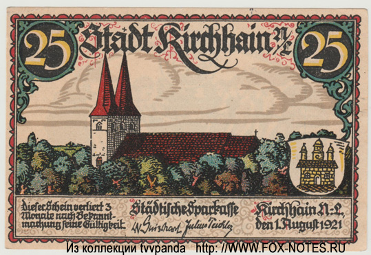 Stadt Kirchheim unter Teck Gutschein. 25 Pfennig. 1921.