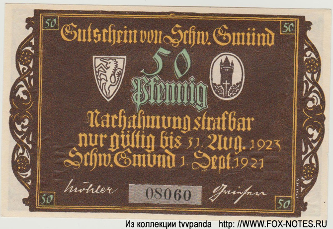 Gutschein der Stadt Schwäbisch Gmünd. 50 Pfennig. 21. September 1921.