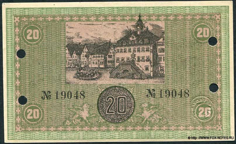 Notgeld der Stadtgemeinde Neckarsulm. 20 Mark. 1918.