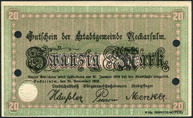 Notgeld der Stadtgemeinde Neckarsulm. 20 Mark. 1918.