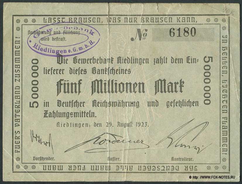Gewerbebank Riedlingen 5 Millionen Mark. 29. August 1923