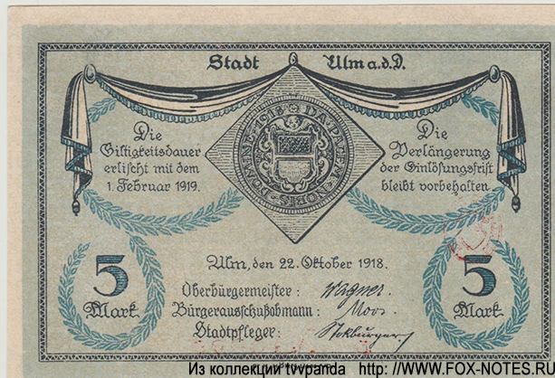 Gutschein der Stadt Ulm. 5 Mark. 22. Oktober 1918.