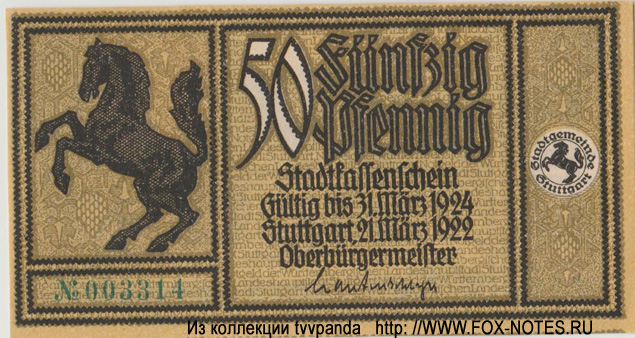 Württembergische Landes Hauptstadt Stuttgart 50 Pfennig 1922