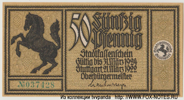 Württembergische Landes Hauptstadt Stuttgart 50 Pfennig 1922