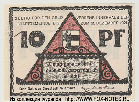 Stadt Wismar Reutergeld 10 Pfennig 1921
