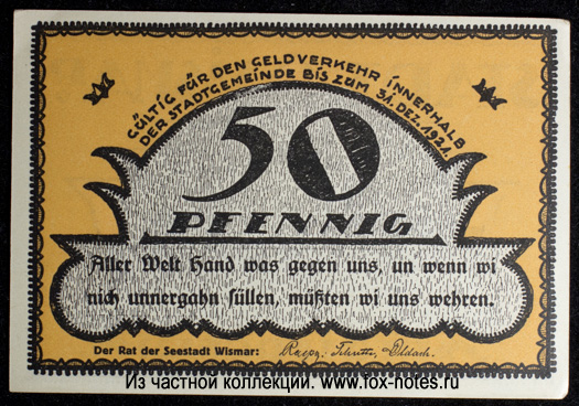 Stadt Wismar Reutergeld 50 Pfennig