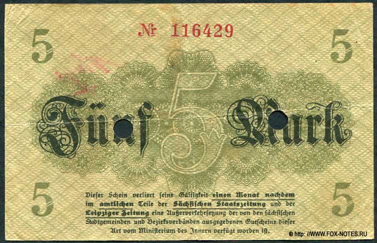 Rat der Stadt Zwickau. 5 Mark. 11. November 1918.