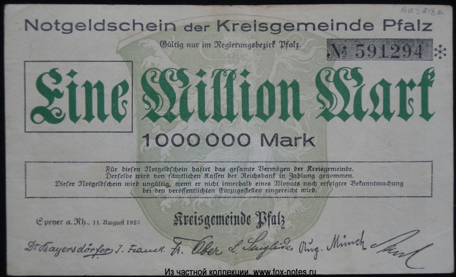 Notgeld der Kreisgemeinde Pfalz. Eine Million Mark. 11. August 1923.