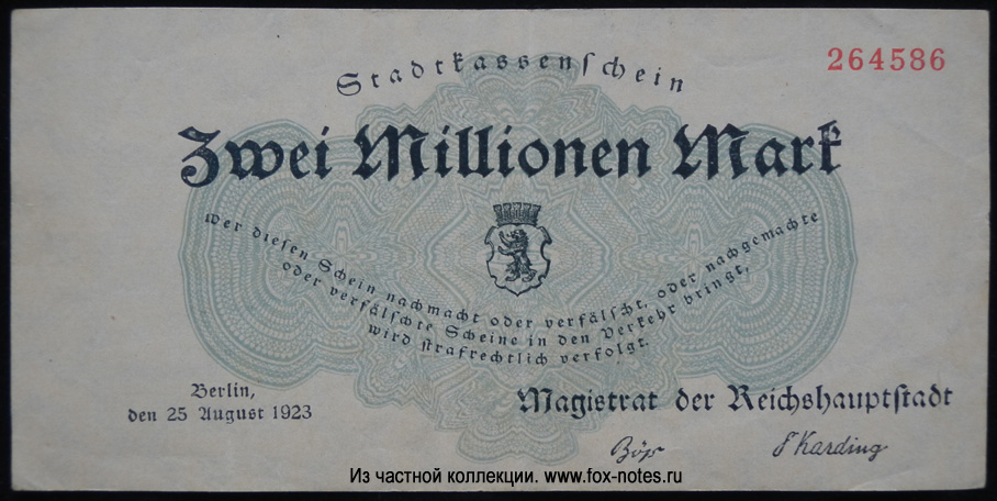Berlin Stadkassenschein. Zwei Millionen Mark. 25. August 1923.