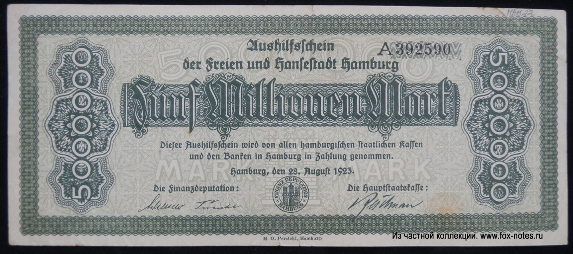 Finanzdeputation und Hauptstaatskasse Hamburg 5000000 Mark 1923