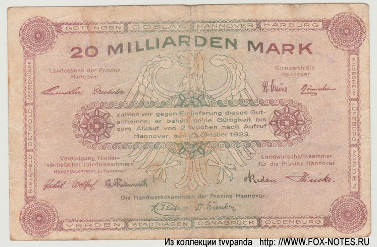 Preußische Provinz Hannover 20 Milliarden Mark 1923