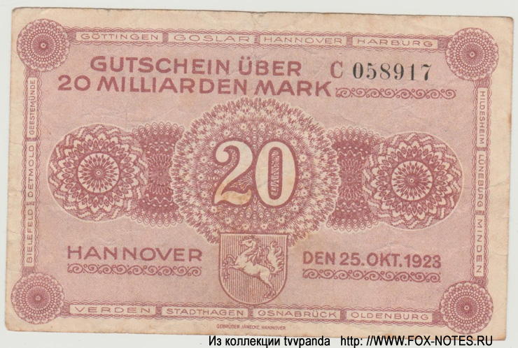 Preußische Provinz Hannover 20 Milliarden Mark 1923