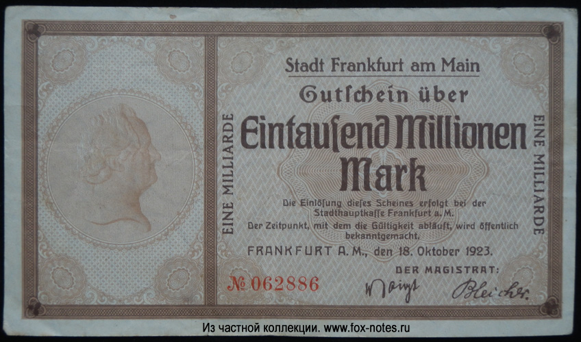 Stadt Frankfurt am Main 1 milliarde Mark 1923