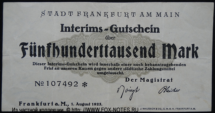 Stadt Frankfurt a/M. Interims-Gutschein über. 500000 Mark. 1. August 1923.