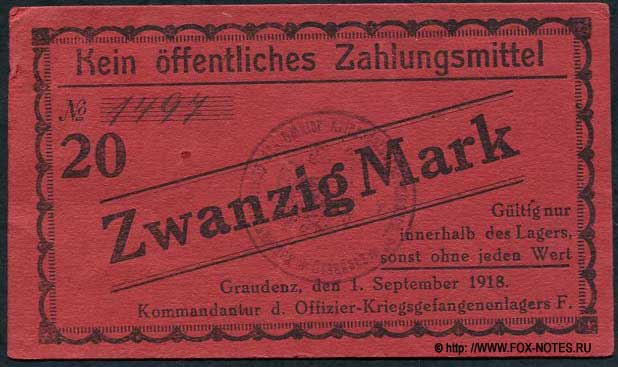 Graudenz Offizier-Kriegsgefangenenlager 20 Mark 1918