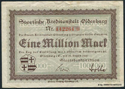 Staatliche Kreditanstalt Oldenburg 1 Million Mark 1923