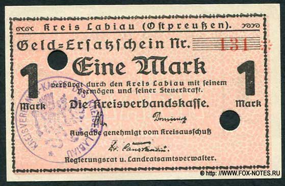 Kreis Labiau (Ostpreußen) Geld=Ersatzschein. 1 Mark. 1918
