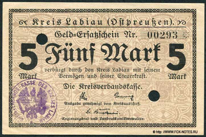 Kreis Labiau (Ostpreußen) Geld=Ersatzschein. 5 Mark. 1918