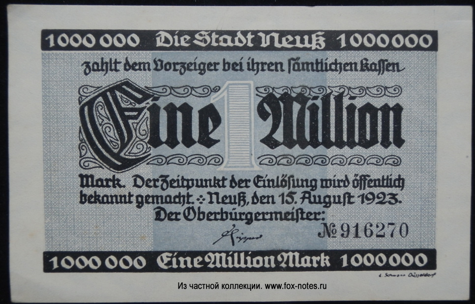Stadt Neuss. Gutschein. 1000000 Mark. 15. August 1923.