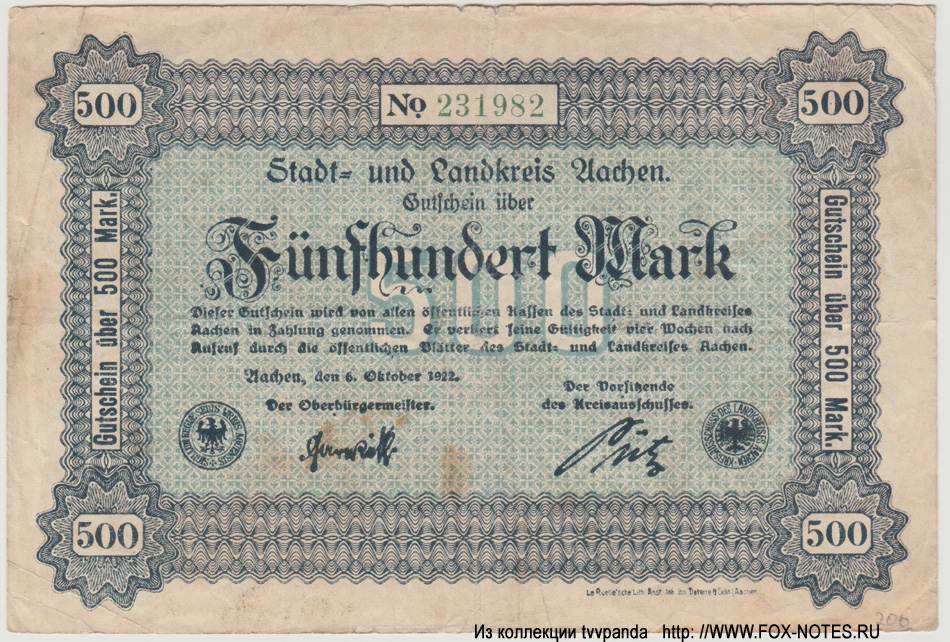 Stadt- und Landkreis Aachen 500 Mark / Gutschein. 6. October 1922.