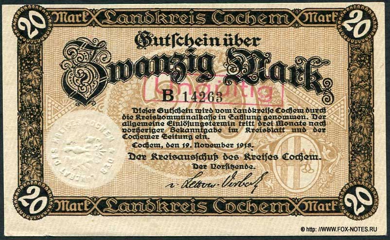 Landkreis Cochem / Gutschein. 20 Mark. 19. November 1918.