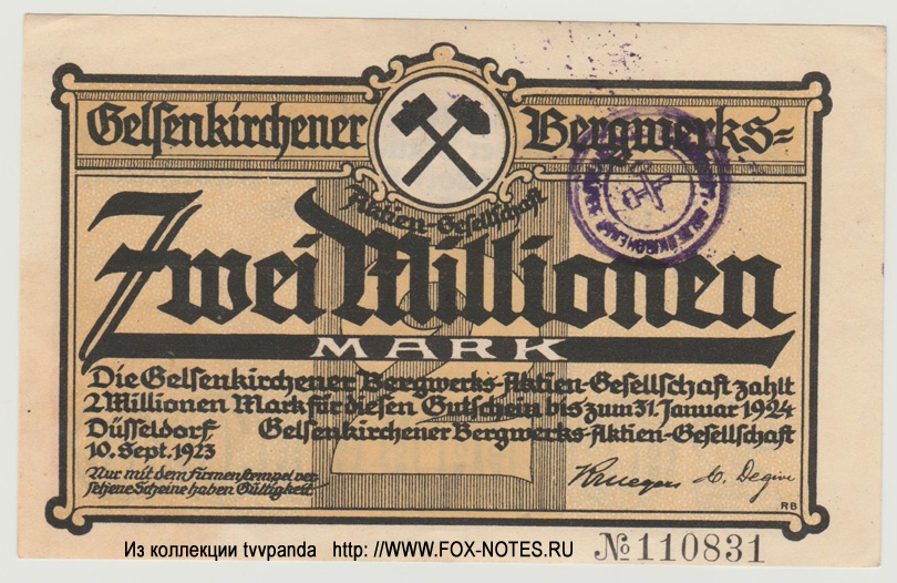 Gelsenkirchener Bergwerks A.G. 2 Millionen Mark 1923