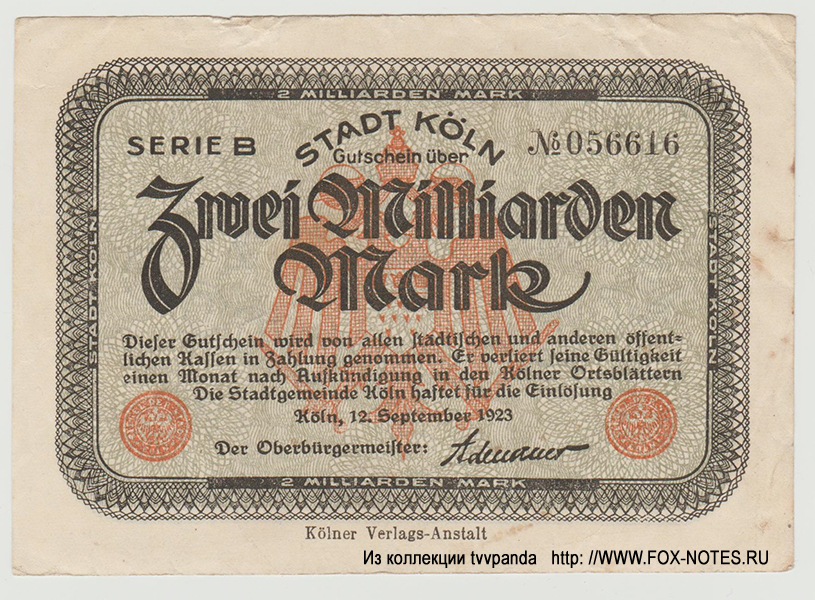 Stadt Köln 2 Milliarden Mark 1923