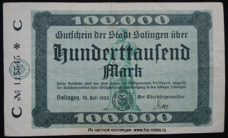 Stadt Solingen 100.000 Mark 1923