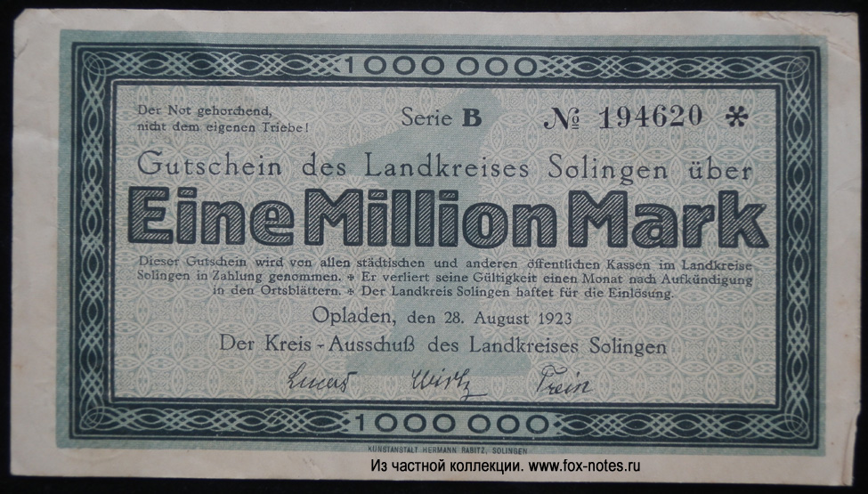 Gutschein des Landkreises Solingen 1 Millionen Mark 1923