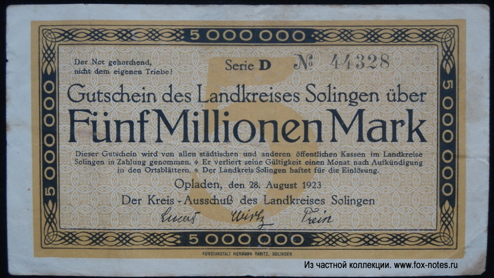 Landkreises Solingen 5 Millionen Mark 1923 D