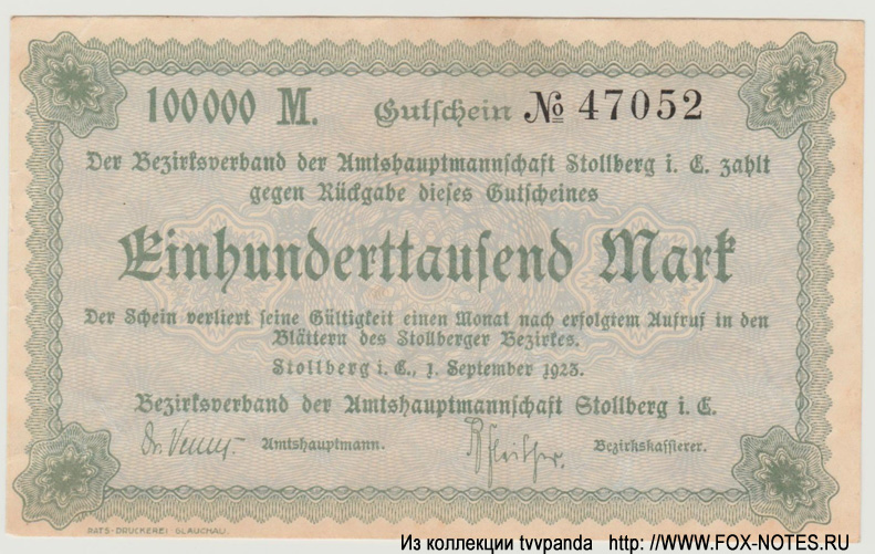 Bezirksverband der Amtshauptmannschaft Stollberg 100000 Mark 1923