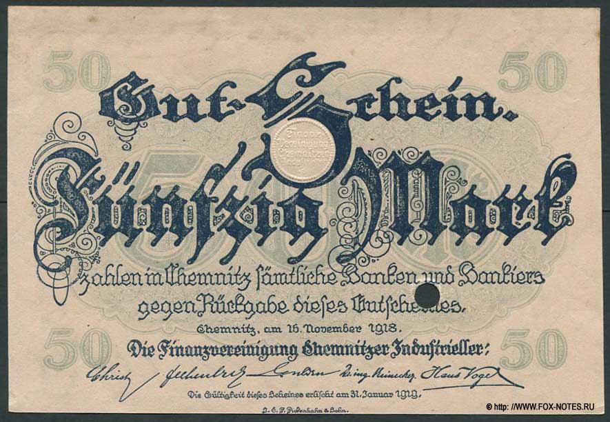 Finanz-Vereinigung Chemnitzer Industrieller 50 Mark 1918