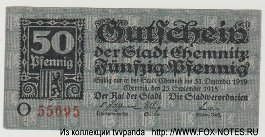 Rat und Stadtverordnete der Stadt Chemnitz 50 Pfennig 1918.