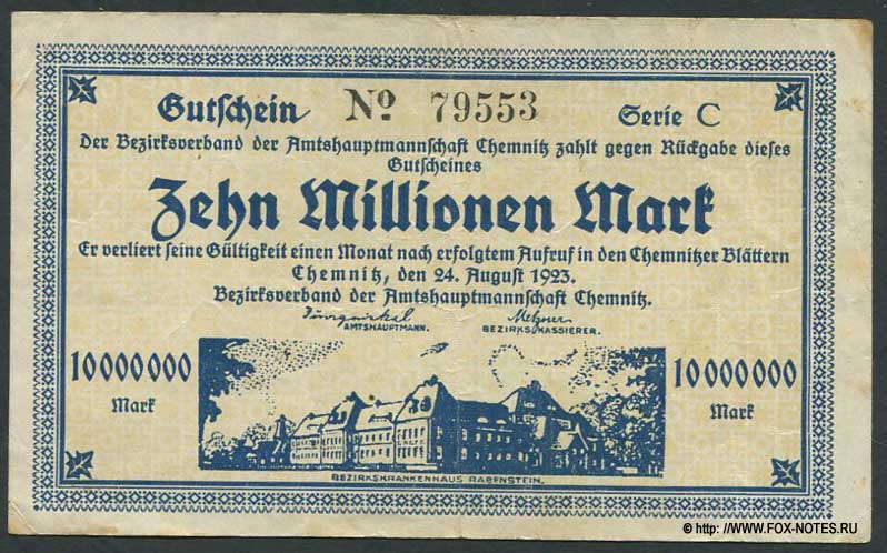 Bezirksverband der Amtshauptmannschaft Chemnitz Gutschein. 10 Millionen Mark. 24. August 1923. Serie C.