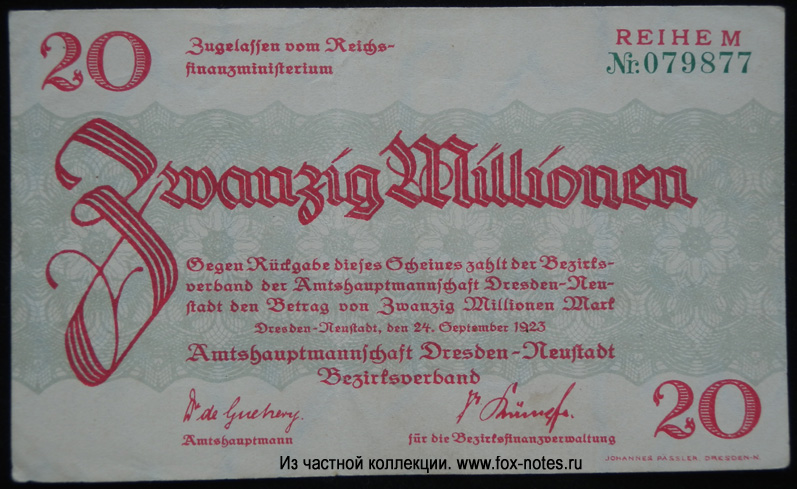 Amtshauptmannschaft Dresden-Neustadt Bezirksverband 20 Millionen Mark 1923