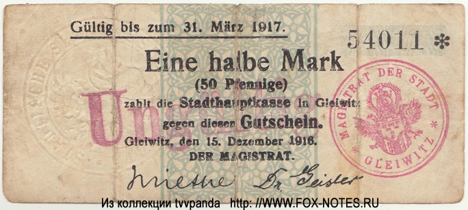 Magistrat Gleiwitz 1/2 Mark 1916