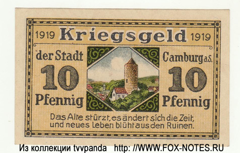 Stadt Camburg a.d. Saale. Kriegsgeld. 10 Pfennig 1919.