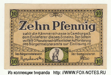 Stadt Camburg a.d. Saale. Kriegsgeld. 10 Pfennig 1919.