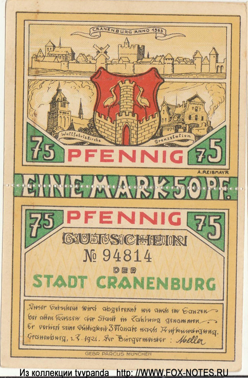 Stadt Cranenburg 75 + 75 Pfennig