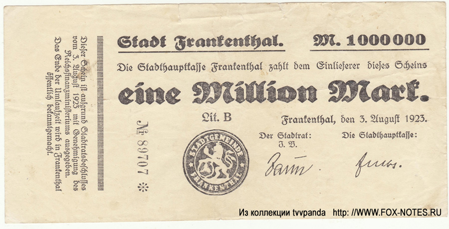 Stadtgauptkasse Frankenhal. 1 Million Mark 1923.