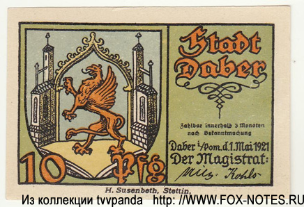 Notgeld Stadt Daber. 10 Pfennig 1921.