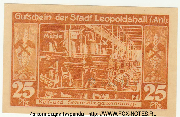 Gutschein der Stadt Leopoldshall. 25 Pfennig. 25. Juli 1921.