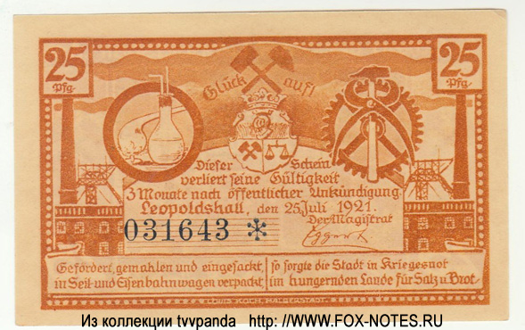 Gutschein der Stadt Leopoldshall. 25 Pfennig. 25. Juli 1921.