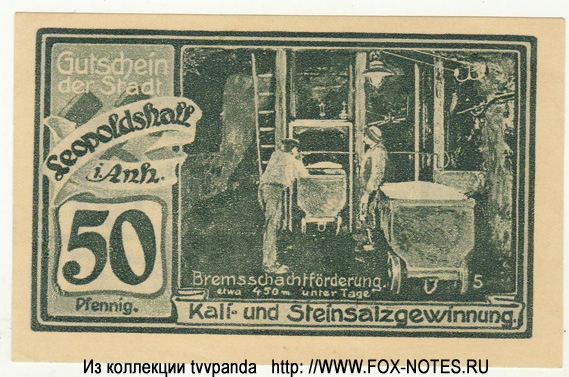 Gutschein der Stadt Leopoldshall. 50 Pfennig. 25. Juli 1921.