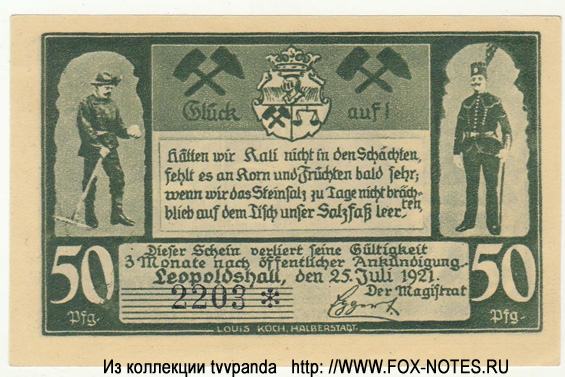 Gutschein der Stadt Leopoldshall. 50 Pfennig. 25. Juli 1921.