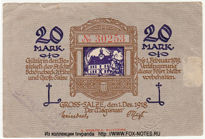 Stadte Schönebeck und Gross-Salze 20 Mark 1918 notgeld