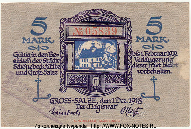 Stadte Schönebeck und Gross-Salze 5 Mark 1918 notgeld