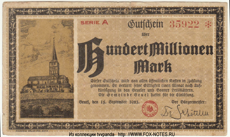 Stadt Beuel. Gutschein. 100 Millionen Mark. 15. September 1923.