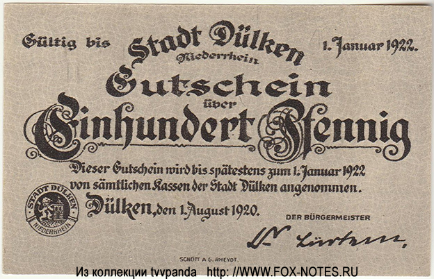 Stadt Dülken Gutschein. 100 Pfennig. 1. August 1920.