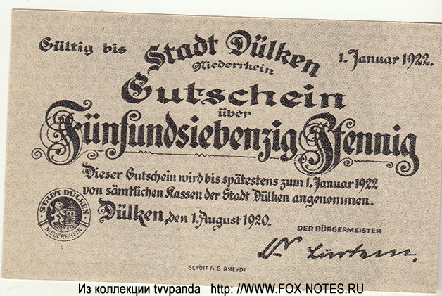 Stadt Dülken Gutschein. 75 Pfennig. 1. August 1920.